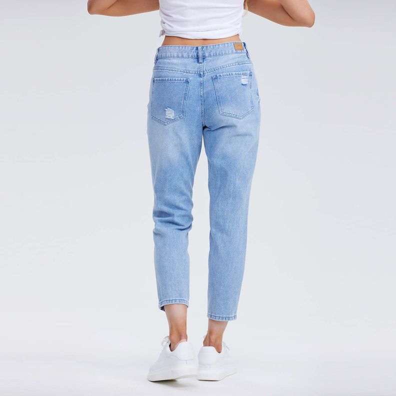 Jeans Mujer Mom Roturas Azul Claro-2