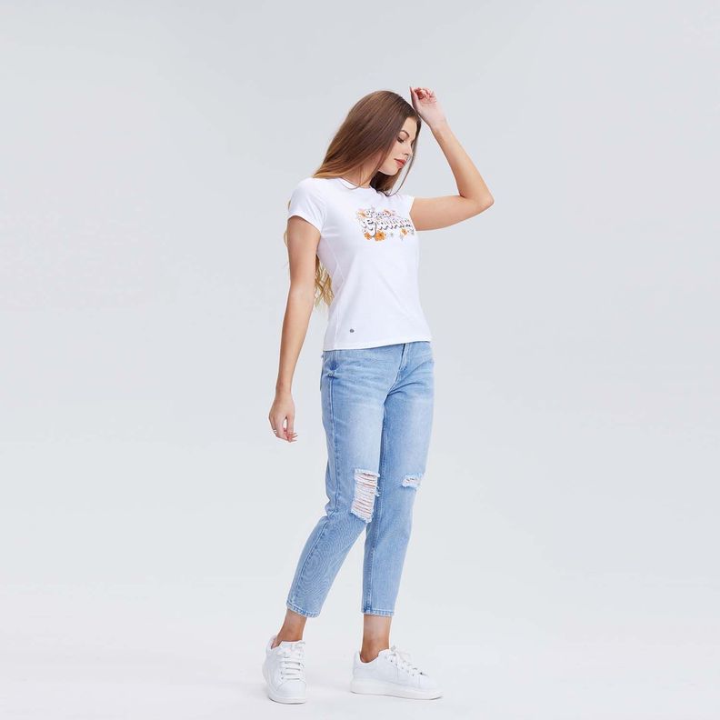 Jeans Mujer Mom Roturas Azul Claro-3