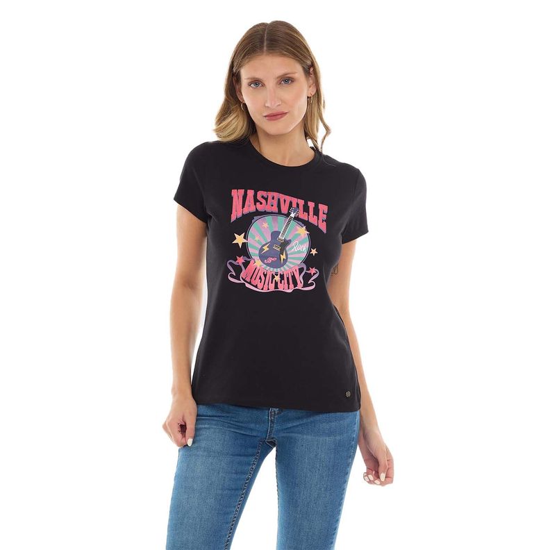 Polera Mujer Básica Print Negro / Coral Fashion's Park-0