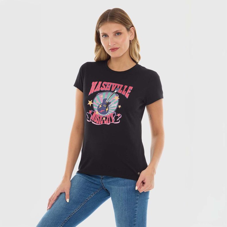 Polera Mujer Básica Print Negro / Coral Fashion's Park-1