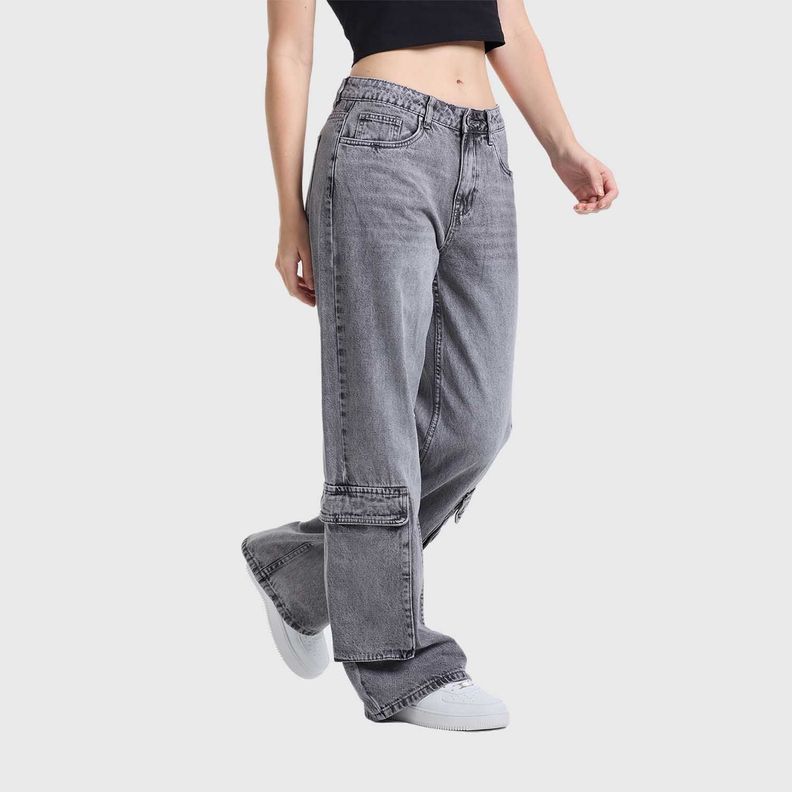 Jeans Mujer Wide Leg Bolsillos Gris Fashion's Park-1