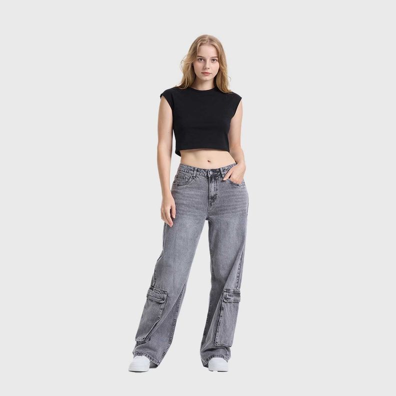 Jeans Mujer Wide Leg Bolsillos Gris Fashion's Park-3