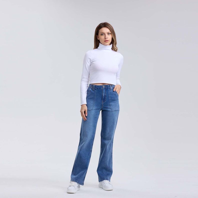 Jeans Mujer Recto Cargo Azul Iii-3