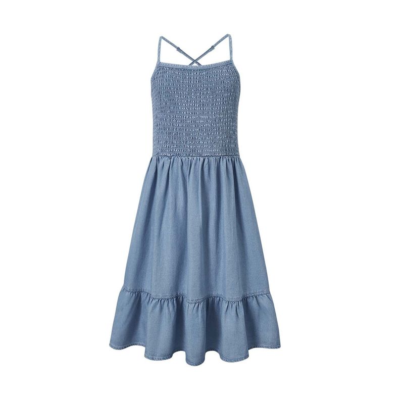 Vestido Niña Liso Con Panal Azul Fashions Park-0
