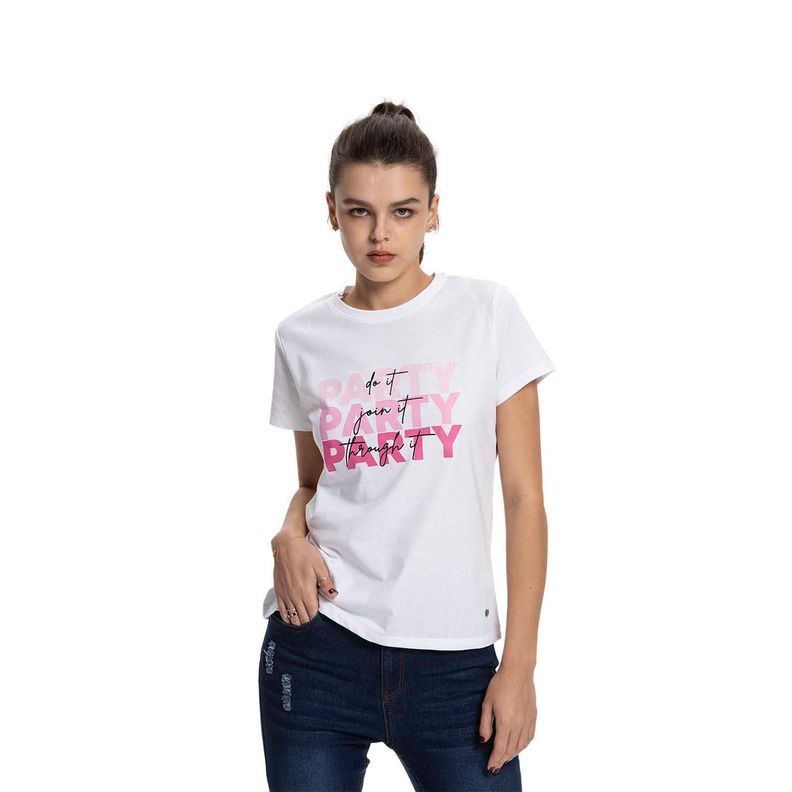 Polera Mujer Básica Print Blanco / Fucsia Fashion's Park-0