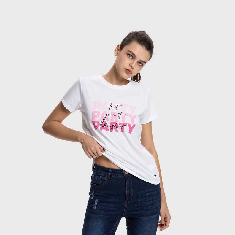 Polera Mujer Básica Print Blanco / Fucsia Fashion's Park-1
