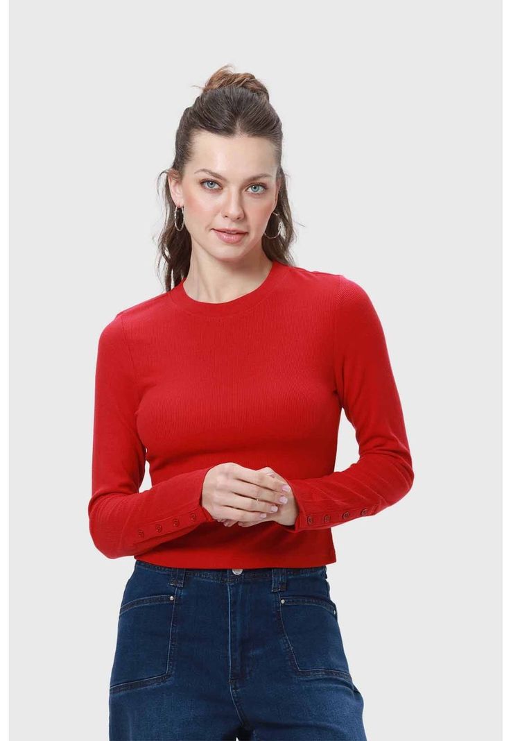 Polera Mujer Botones Rojo