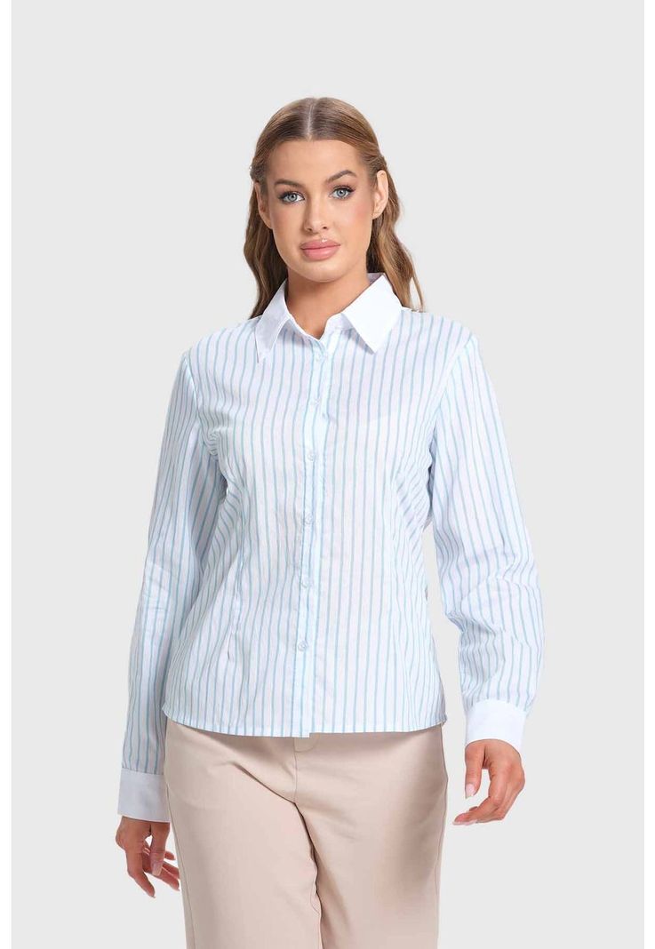 Blusa Mujer Abotonadas Con Rayas Celeste