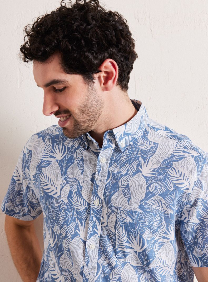 Camisa de Vestir Manga Corta Cotton Slub Diseño Hojas-2