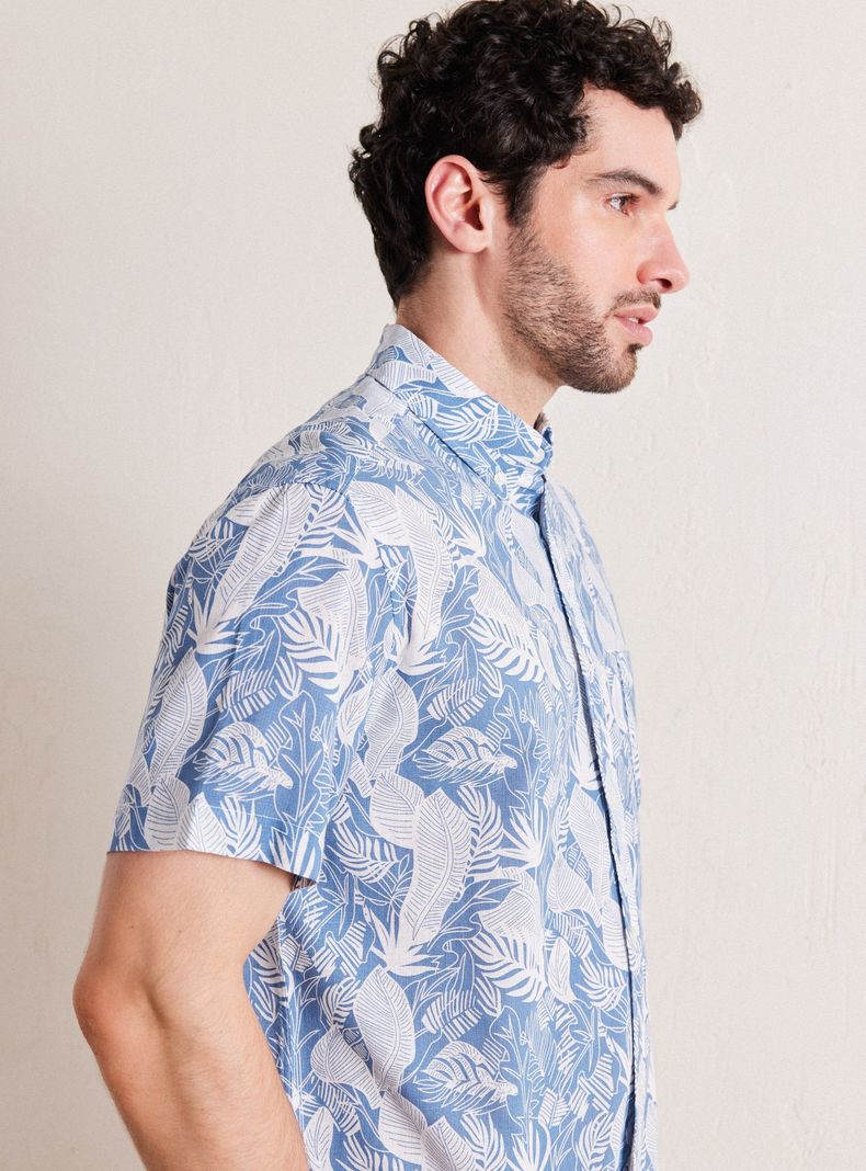 Camisa de Vestir Manga Corta Cotton Slub Diseño Hojas-3