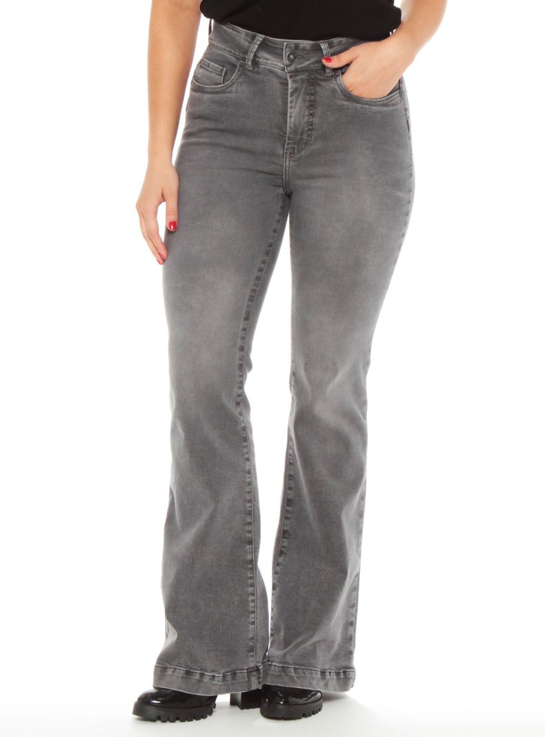 Jeans Flare Tiro Alto Pretina Básica 1 Botón Push Up-0