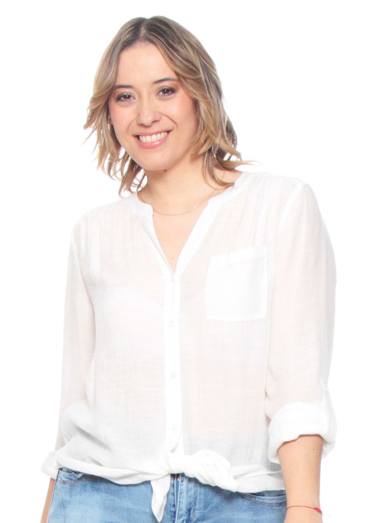 Blusa Anudada con un Bolsillo Manga Larga Ajustable-2
