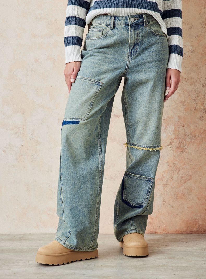 Jeans Sueltos Diseño Bolsillos Parches-0