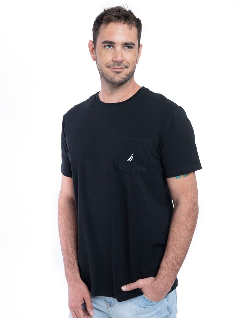 Polera Manga Corta Básica Bolsillo Sólida Negro-0