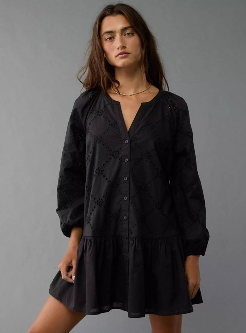 Vestido Ae Corto Estilo Camisero con Cintura Caída-0