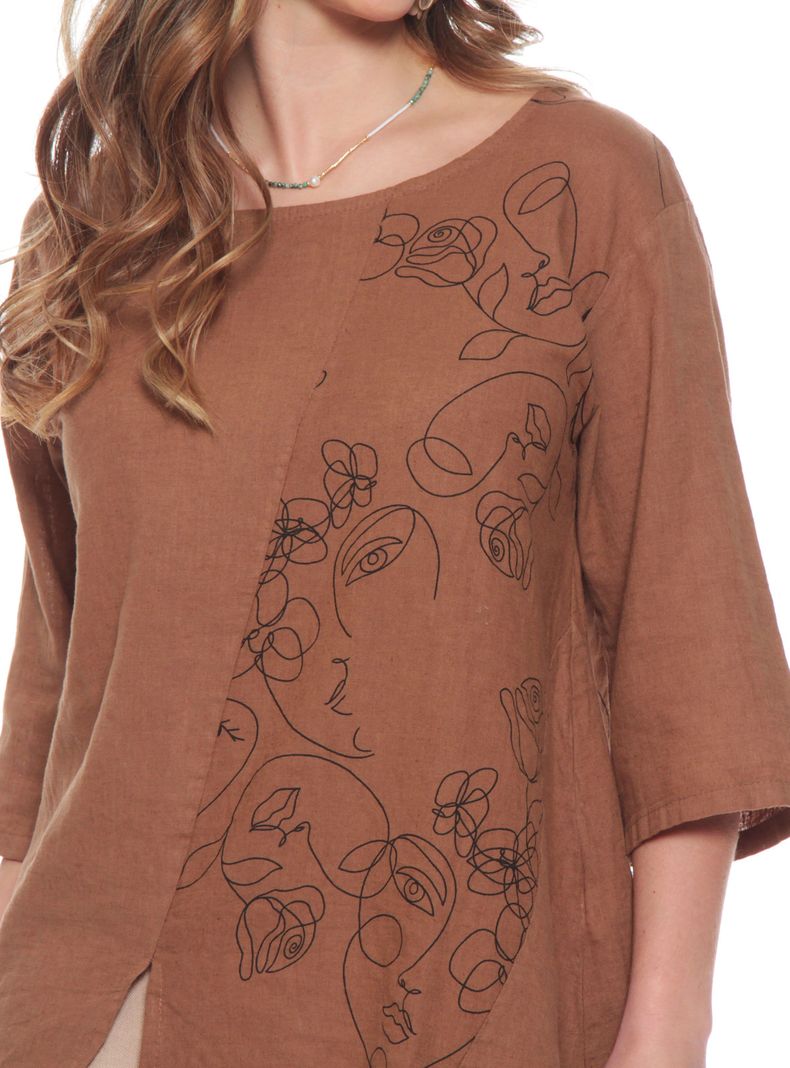 Blusa Manga 3/4 Sólida Escote Redondo con Bordado-2