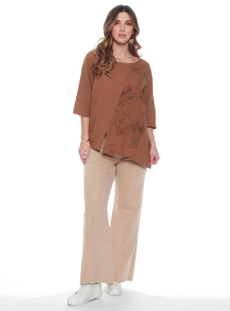 Blusa Manga 3/4 Sólida Escote Redondo con Bordado-3
