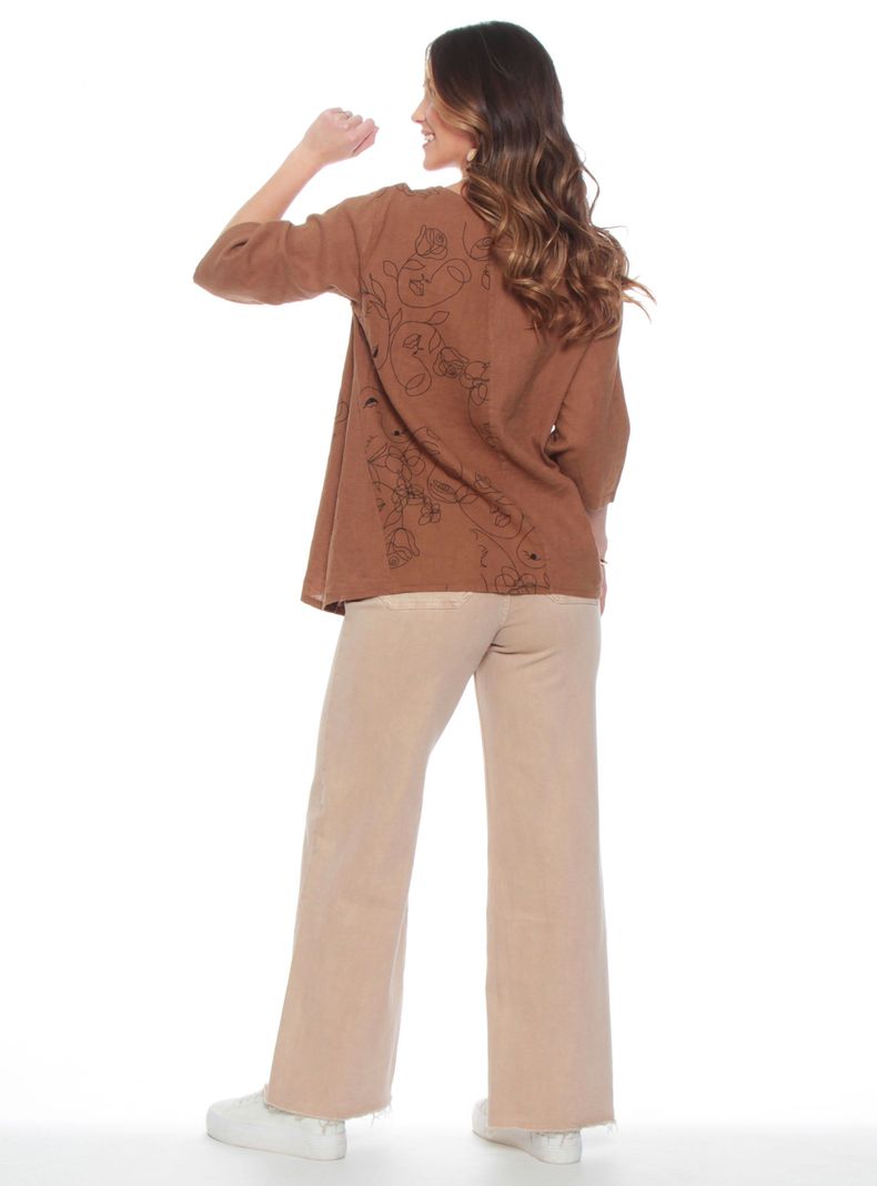 Blusa Manga 3/4 Sólida Escote Redondo con Bordado-4