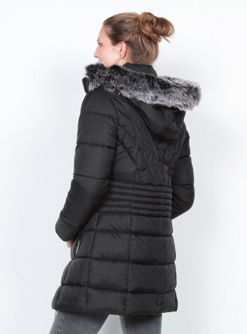 Parka Manga Larga con Piel en Capucha y Bolsillo con Cierre-1