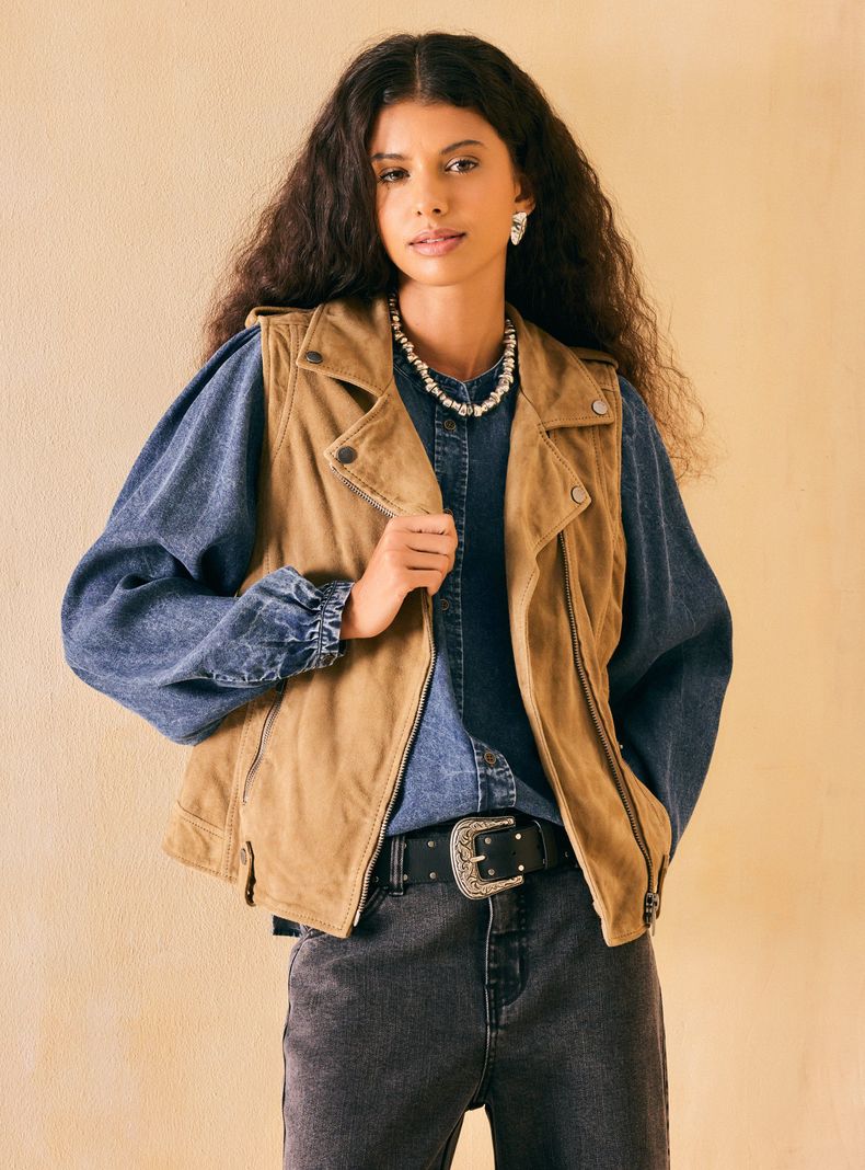 Chaqueta Gamuza Tipo Biker sin Mangas-0