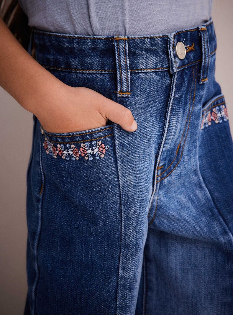 Jeans Paneles de Color con Bordado Pata Ancha-1