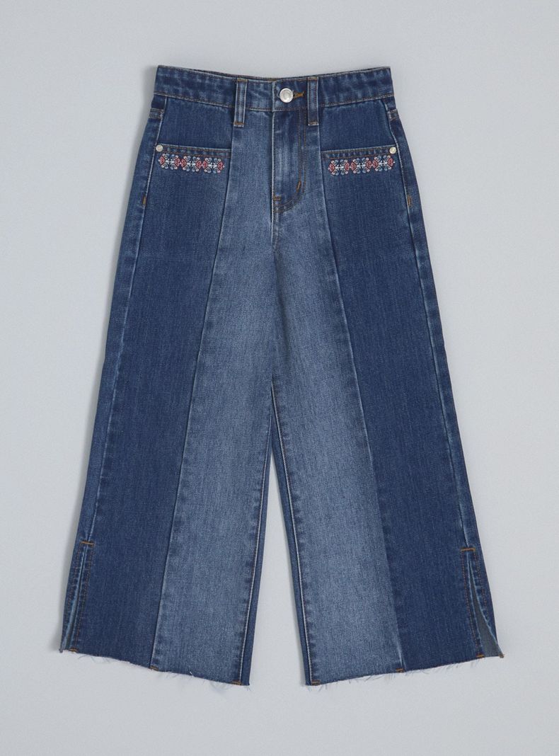 Jeans Paneles de Color con Bordado Pata Ancha-2