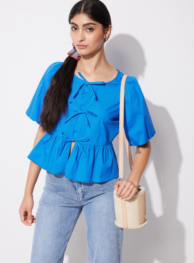 Blusa Manga Aglobada Corte Peplum con Lazos-0