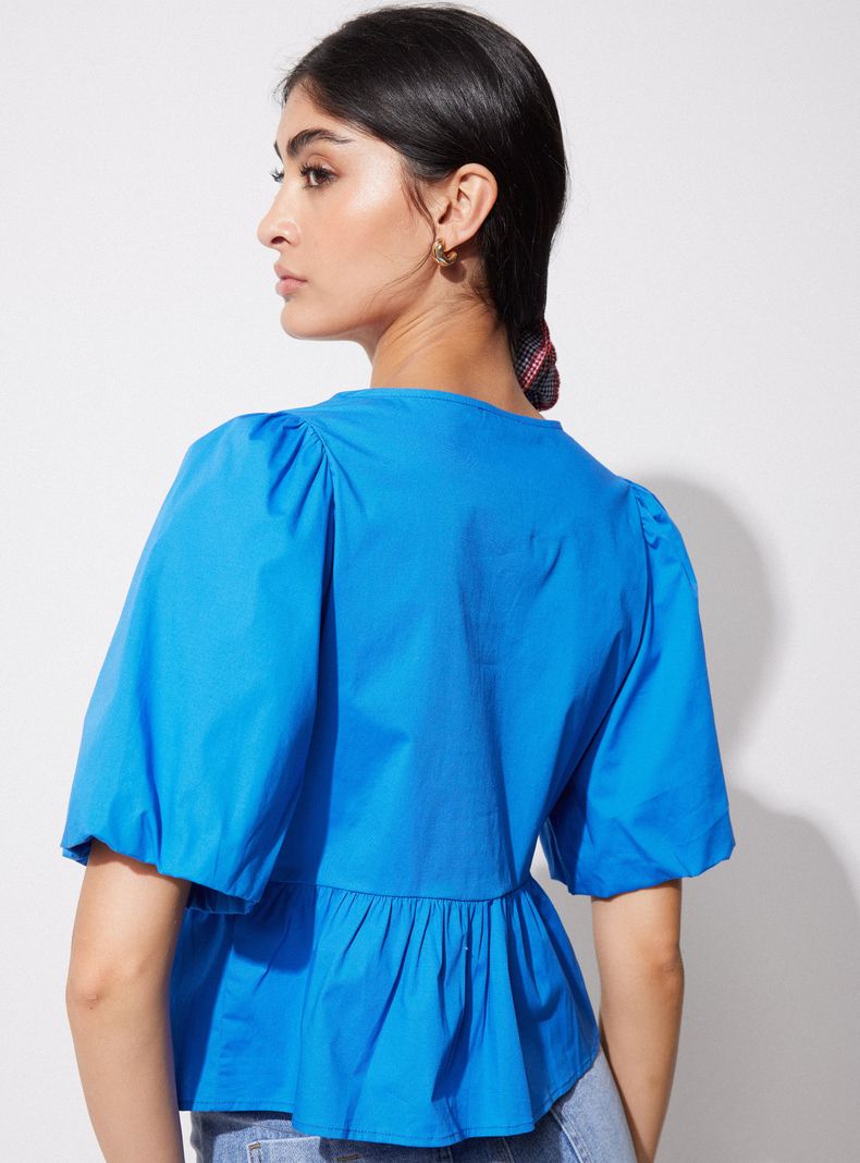 Blusa Manga Aglobada Corte Peplum con Lazos-1