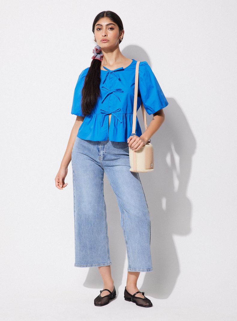 Blusa Manga Aglobada Corte Peplum con Lazos-4