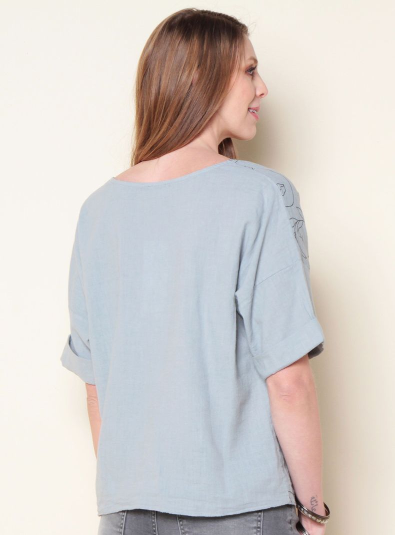 Blusa Lino Sólida Manga Corta Escote V Estampada-1