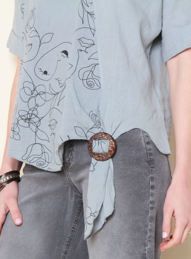 Blusa Lino Sólida Manga Corta Escote V Estampada-2