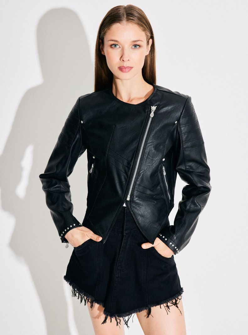 Chaqueta Biker Crop Cuello Mao Cierre Cruzado-0