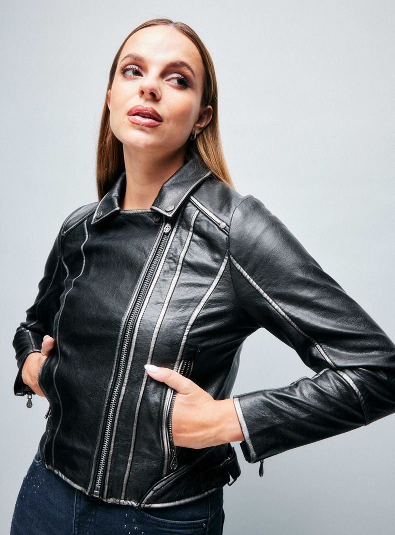 Chaqueta Biker Cierre Cruzado Metalizada Lavada-2