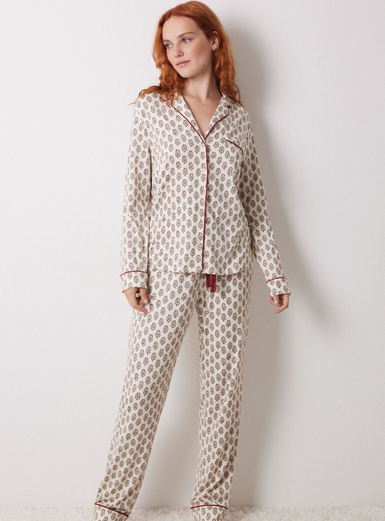Pijama Camisero Largo Marfil Flores-0