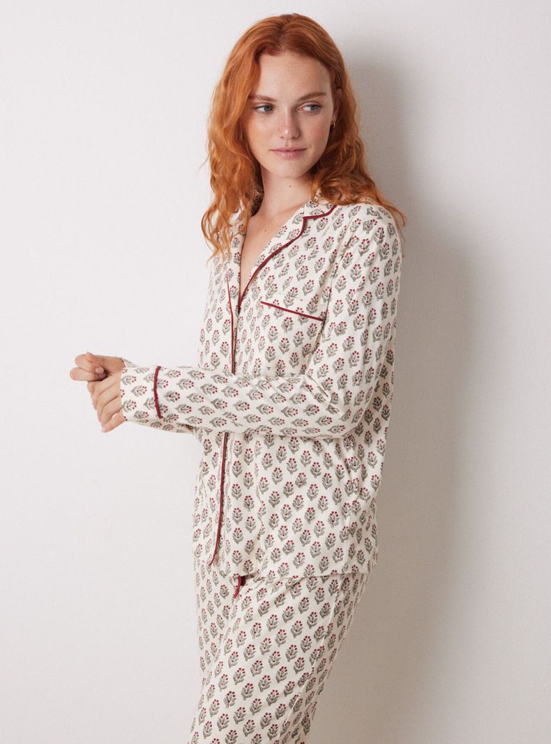Pijama Camisero Largo Marfil Flores-1