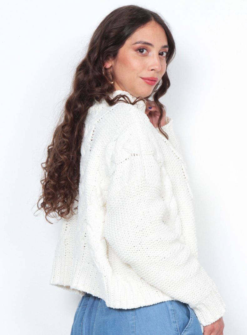 Sweater Sólido Trenzado Manga Larga Escote Redondo-1