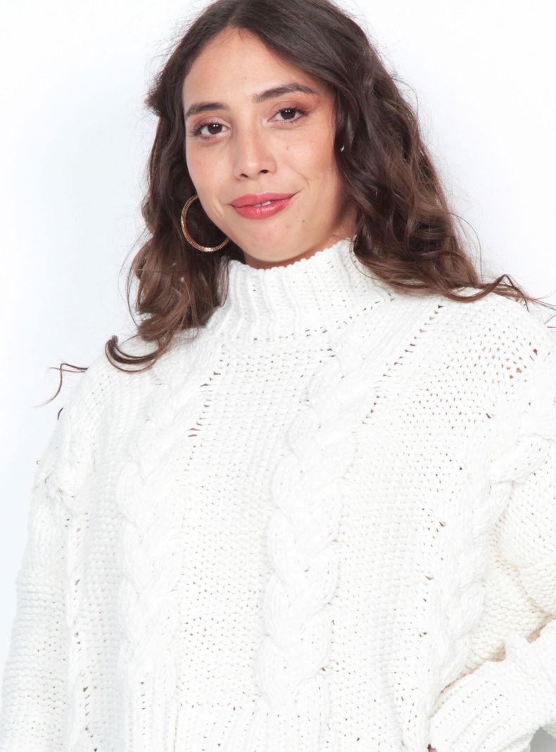 Sweater Sólido Trenzado Manga Larga Escote Redondo-2