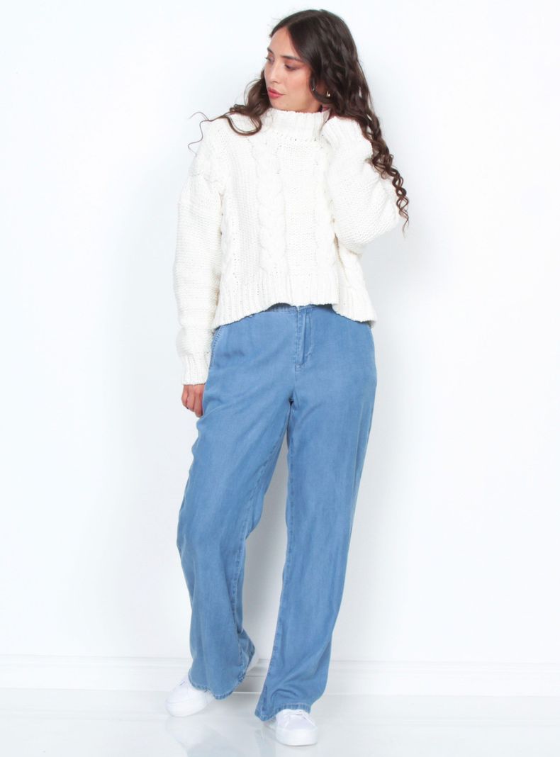 Sweater Sólido Trenzado Manga Larga Escote Redondo-3
