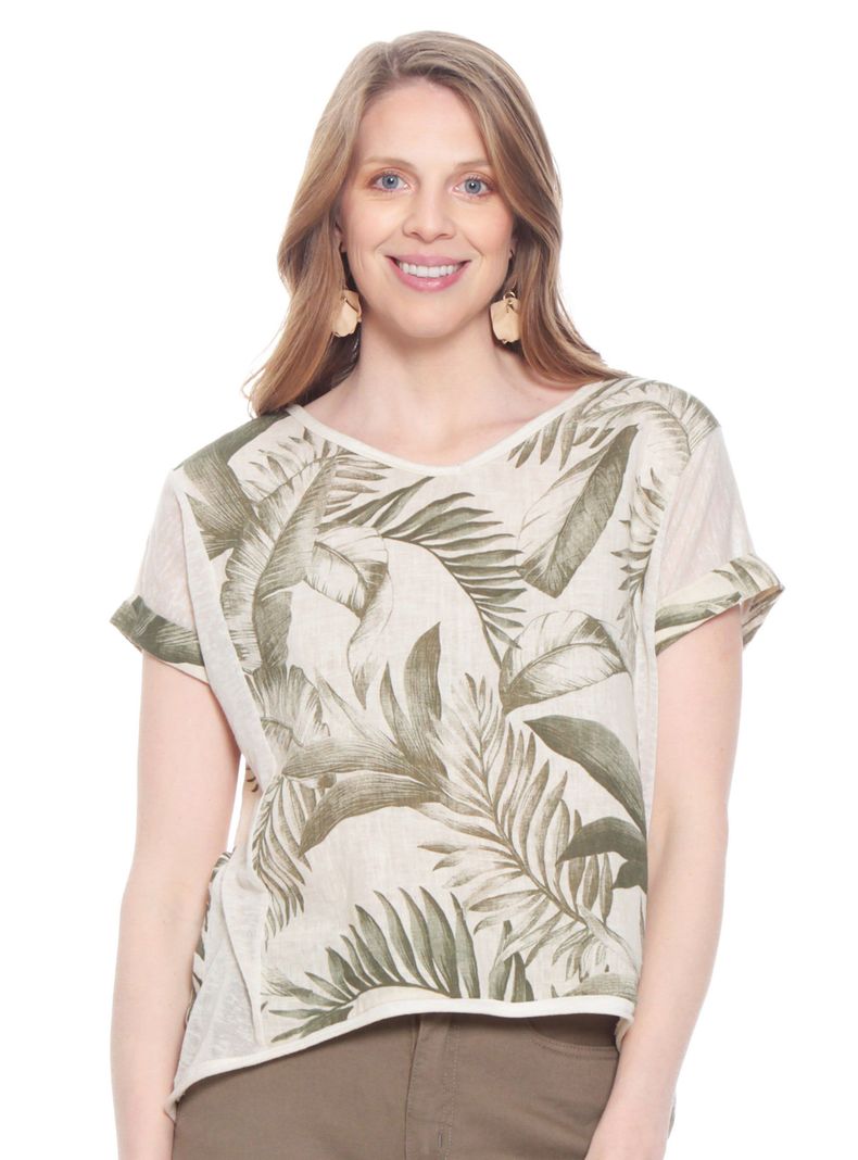 Blusa Manga Corta Lino Estampado Escote V-0