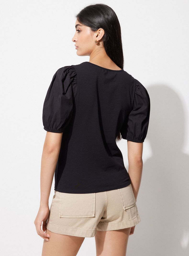 Polera Mix de Telas con Manga Aglobada-1