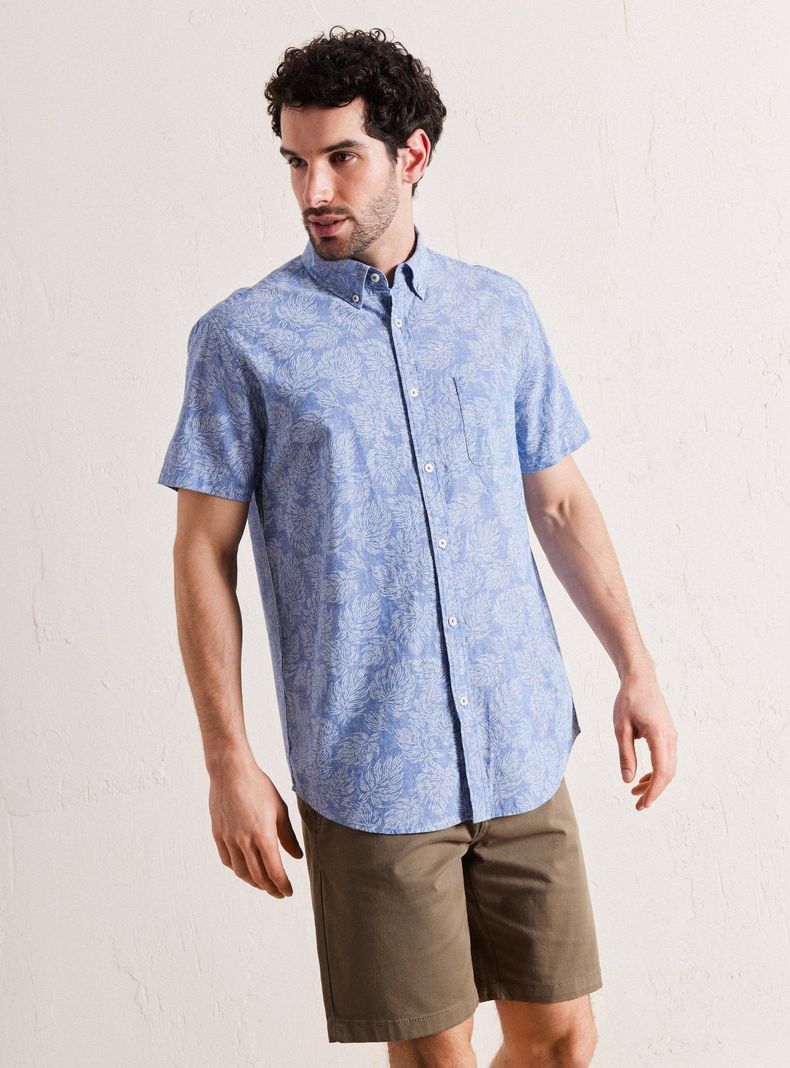 Camisa de Vestir Manga Corta Lino Algodón Diseño Hojas-0