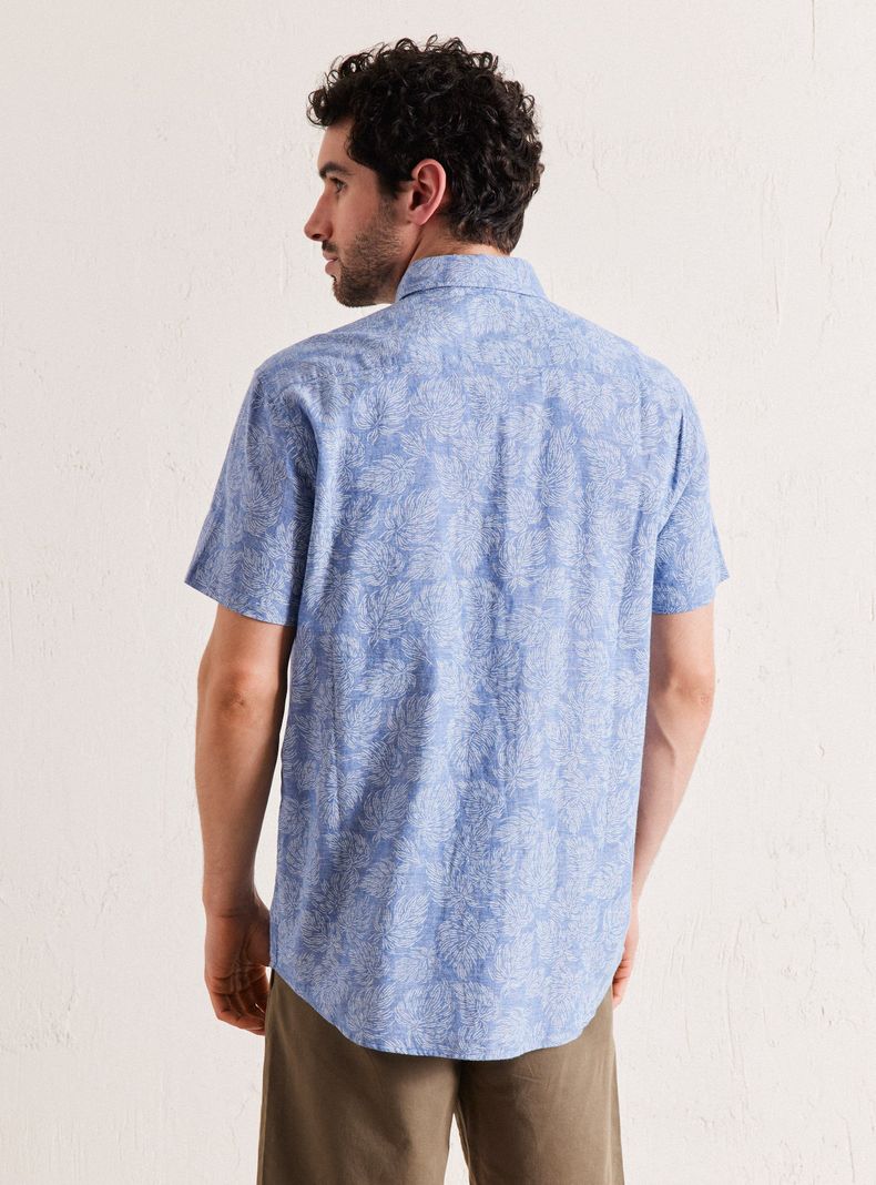 Camisa de Vestir Manga Corta Lino Algodón Diseño Hojas-1