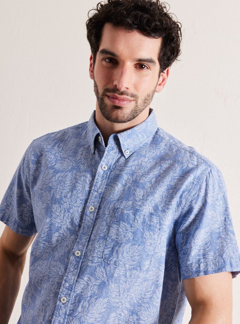 Camisa de Vestir Manga Corta Lino Algodón Diseño Hojas-2