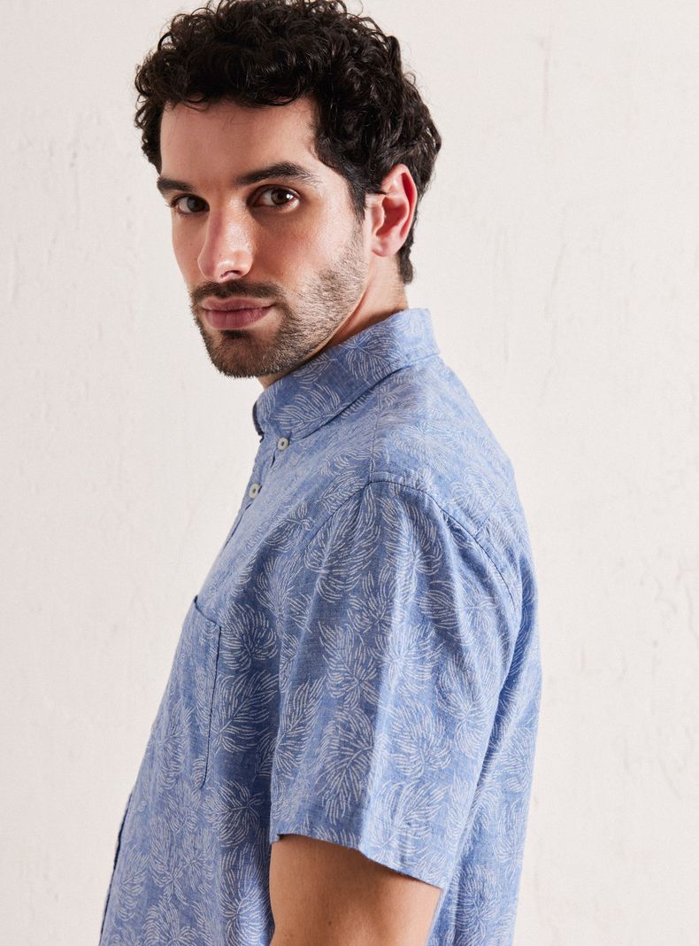 Camisa de Vestir Manga Corta Lino Algodón Diseño Hojas-3
