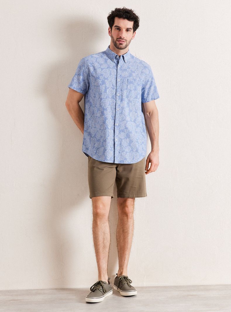 Camisa de Vestir Manga Corta Lino Algodón Diseño Hojas-4