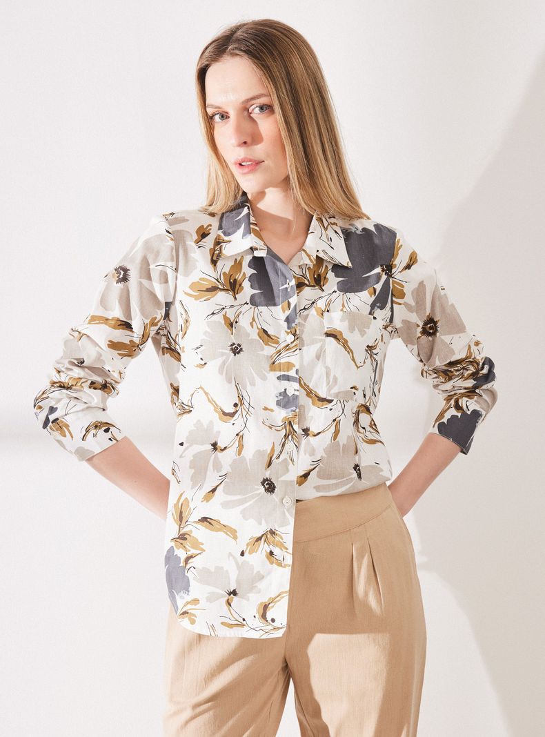 Blusa Lino Estampada Manga Larga-0