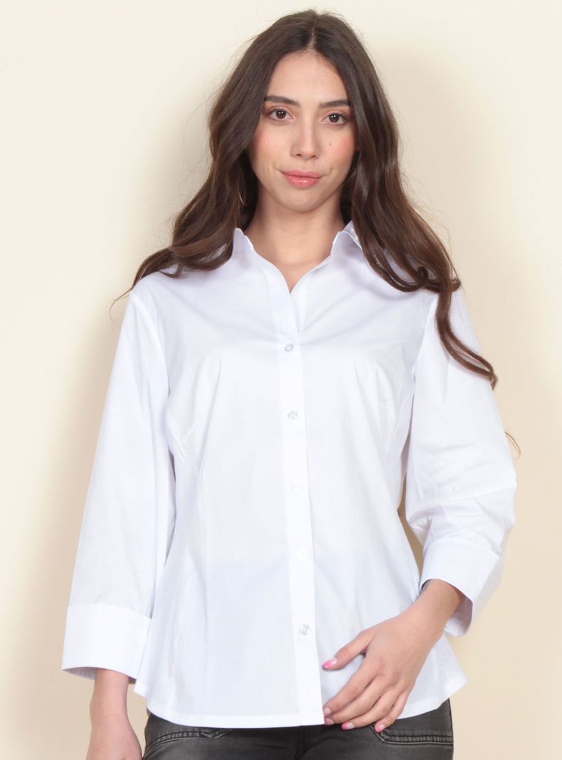 Blusa Manga 3/4 Sólido Abotonada en Delantero Rib-0