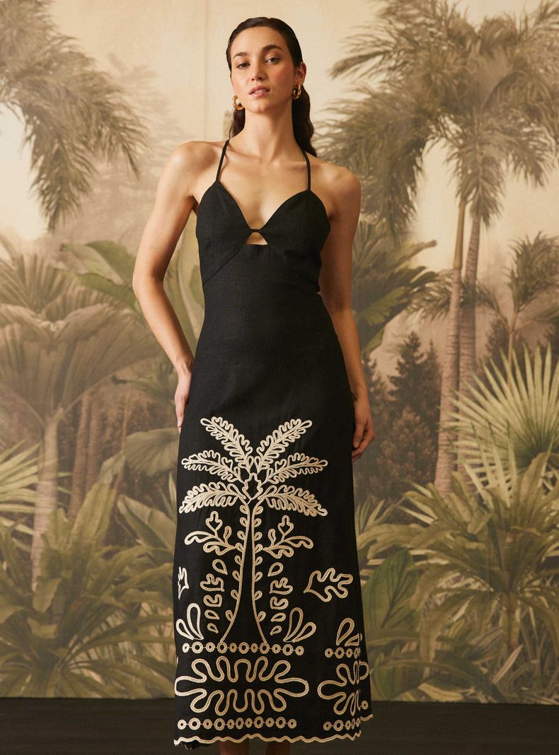 Vestido con Lino y Cordón Bordado-0