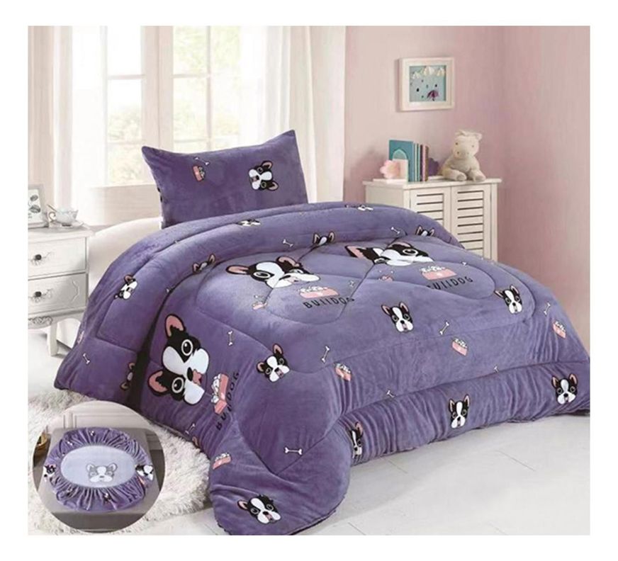 Cobertor Chiporro y Sabana Bajera Polar Infantil 1.5 Plazas Morado Dog