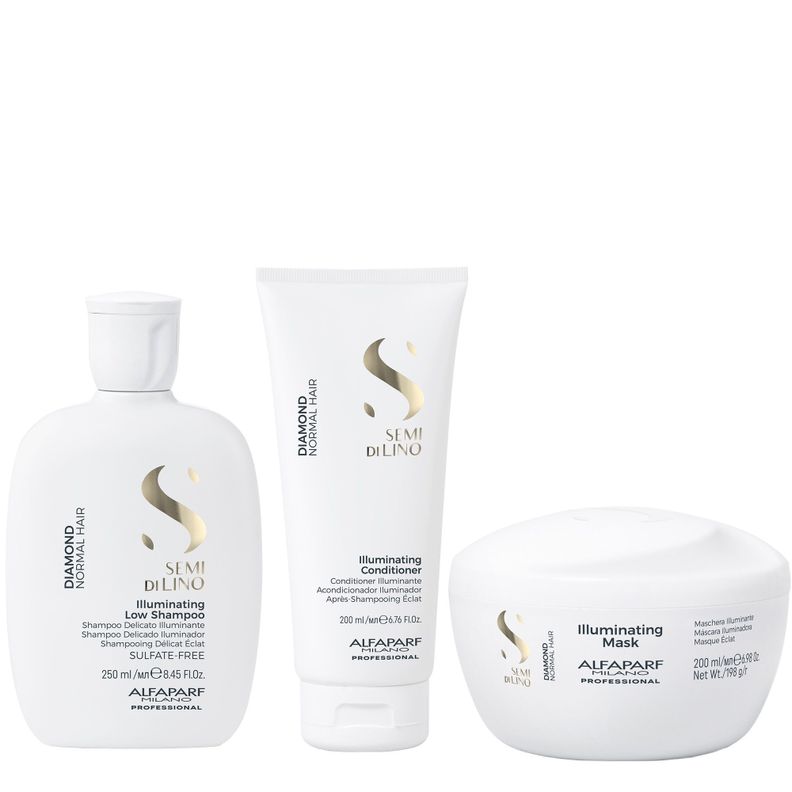 ALFAPARF Shampoo, Acondicionador  y Mascara Diamond Iluminador Semi di lino